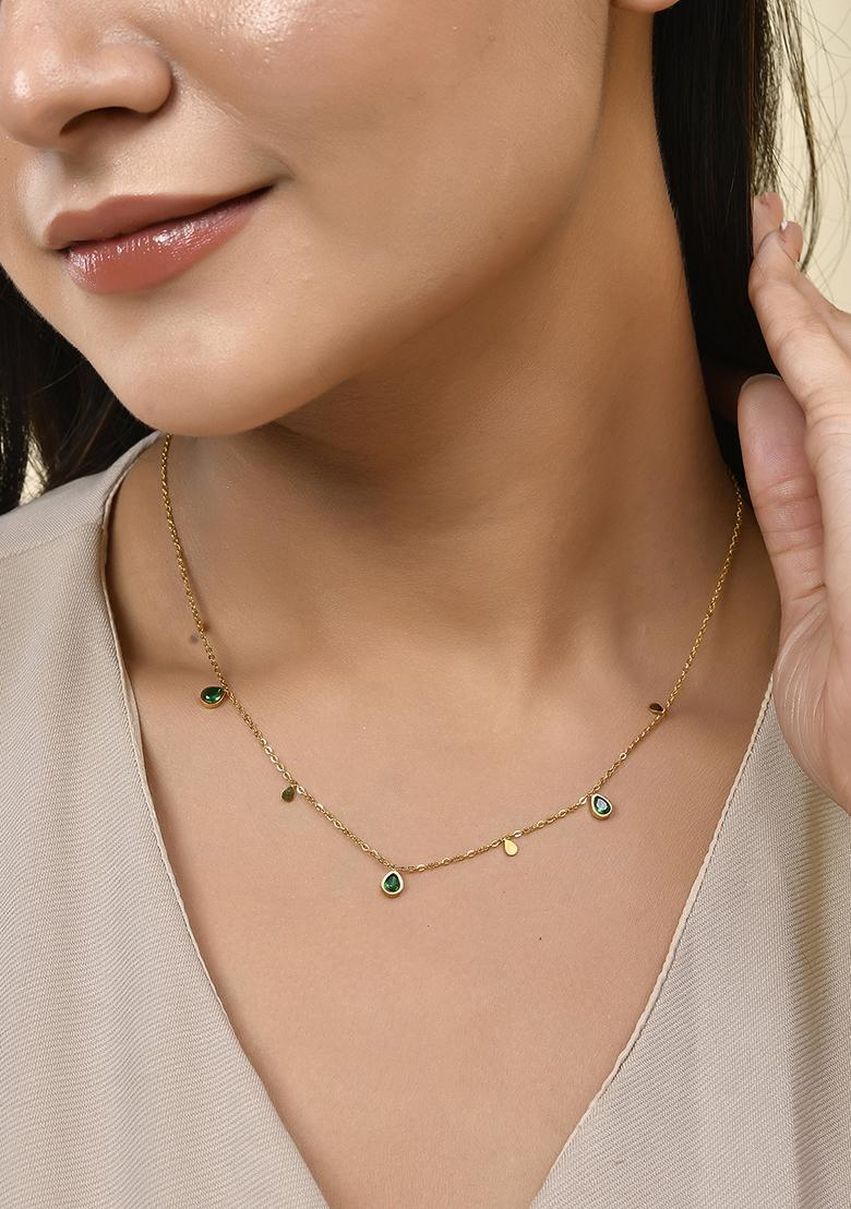 18Kgold Plated Waterproof Anti Tarnish Titanium Steel Green Zircon Drop Necklace