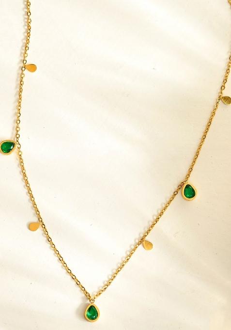 18Kgold Plated Waterproof Anti Tarnish Titanium Steel Green Zircon Drop Necklace