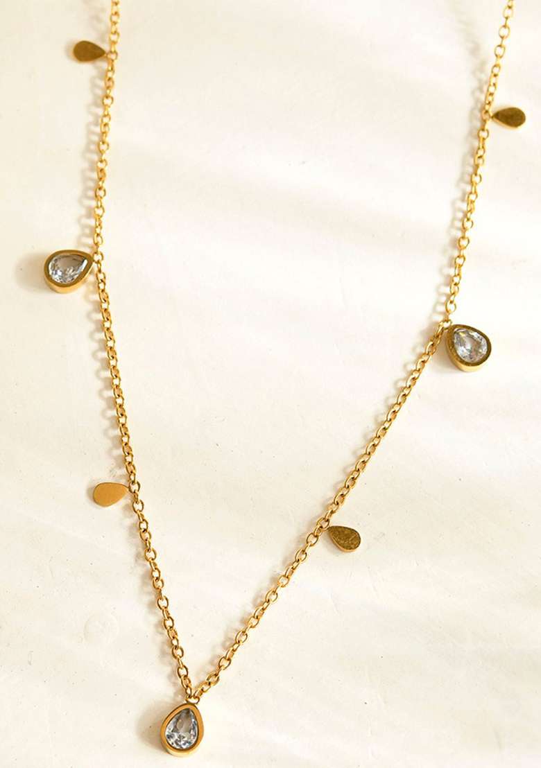 18K Gold Plated Waterproof Antitarnish Titanium Steel White Zircon Drop Necklace - Indya