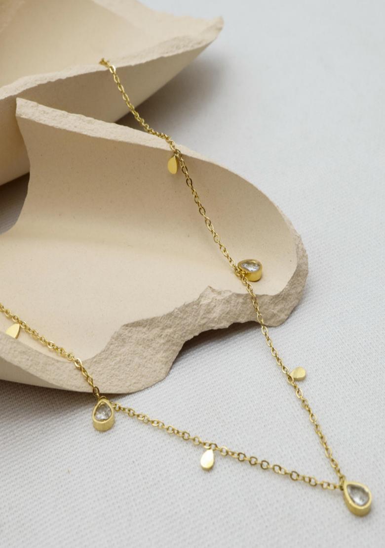 18K Gold Plated Waterproof Antitarnish Titanium Steel White Zircon Drop Necklace