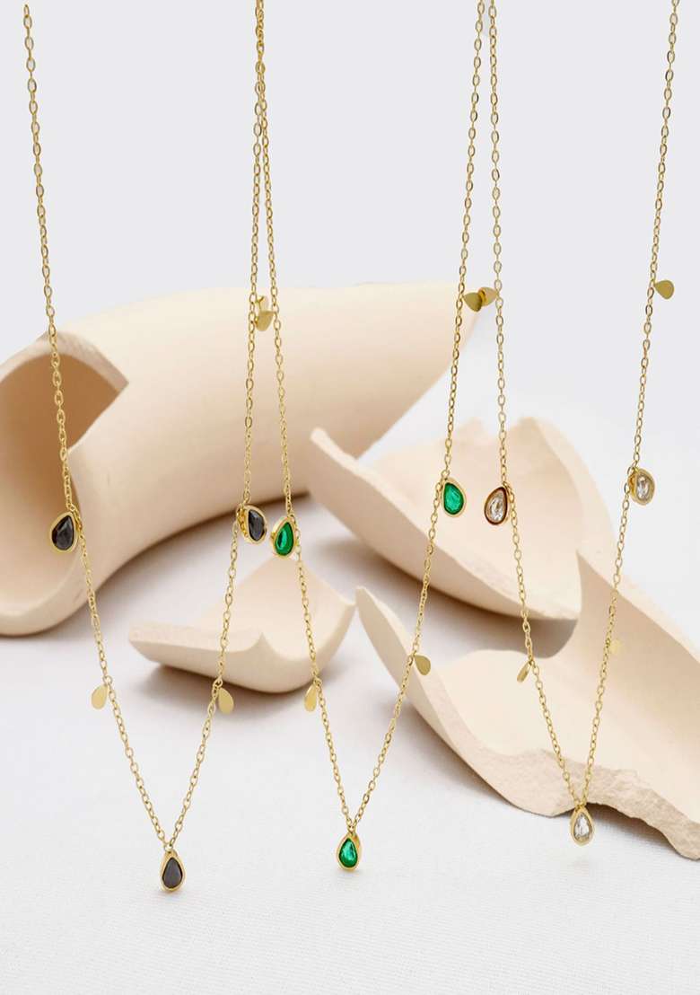 18K Gold Plated Waterproof Antitarnish Titanium Steel White Zircon Drop Necklace - Indya