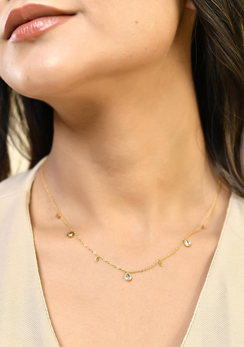 18K Gold Plated Waterproof Antitarnish Titanium Steel White Zircon Drop Necklace