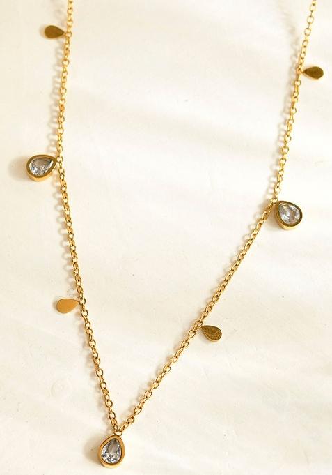 18K Gold Plated Waterproof Antitarnish Titanium Steel White Zircon Drop Necklace