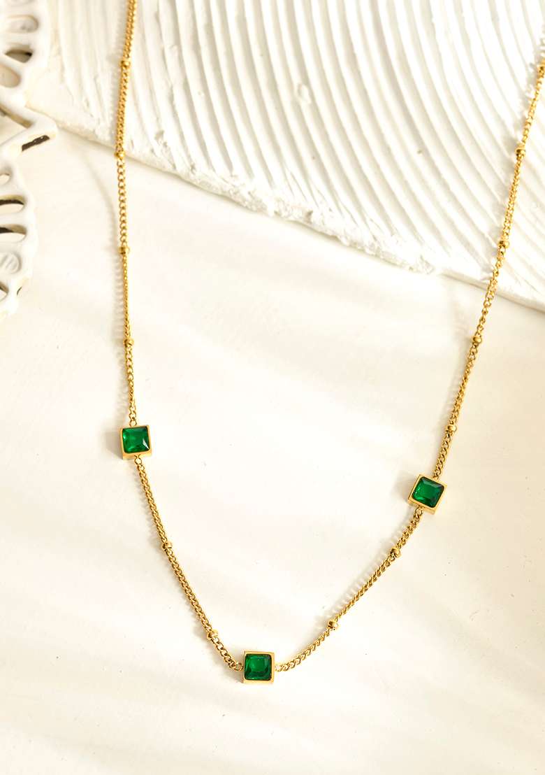 18K Gold Plated Waterproof Anti Tarnish Titanium Steel Green Zircon Necklace - Indya