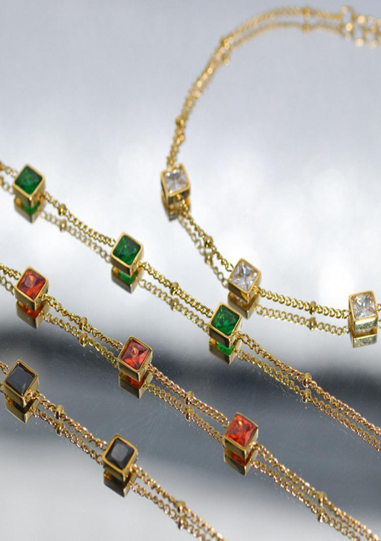 18K Gold Plated Waterproof Anti Tarnish Titanium Steel Green Zircon Necklace