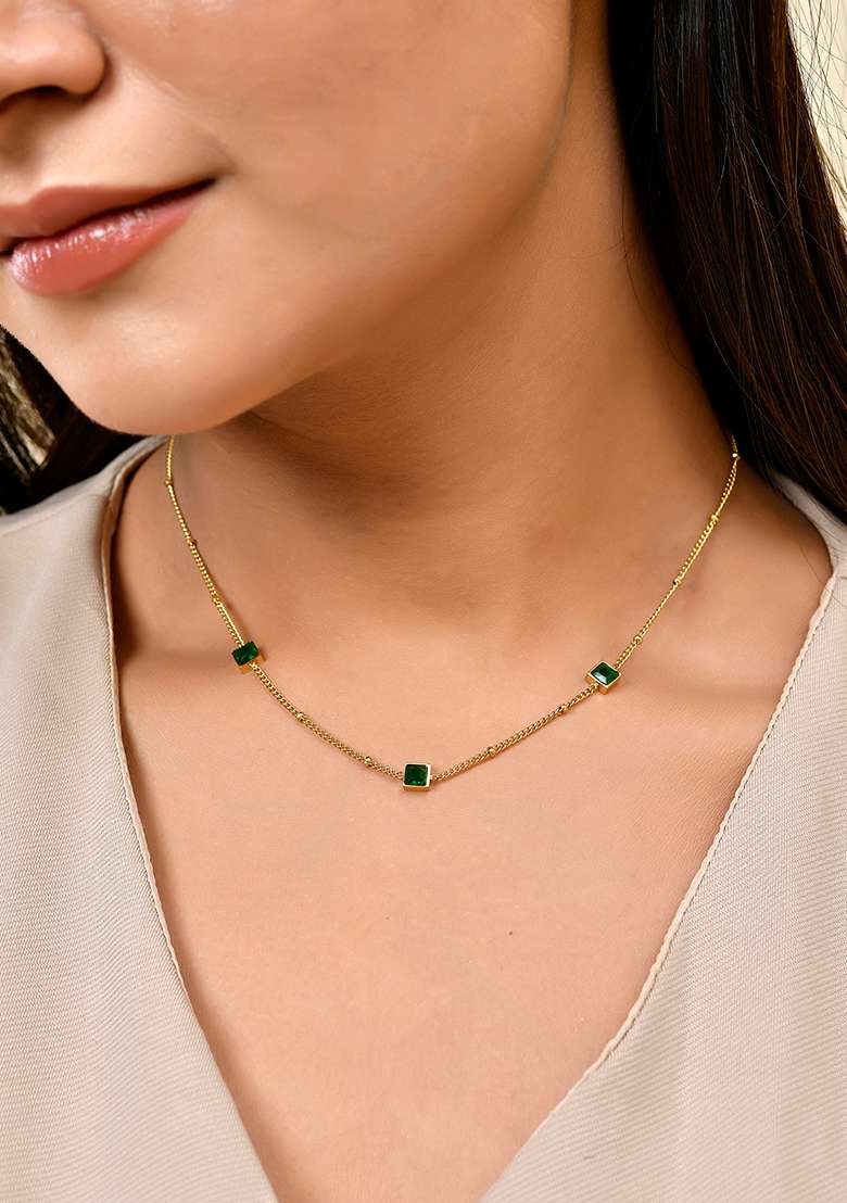 18K Gold Plated Waterproof Anti Tarnish Titanium Steel Green Zircon Necklace - Indya