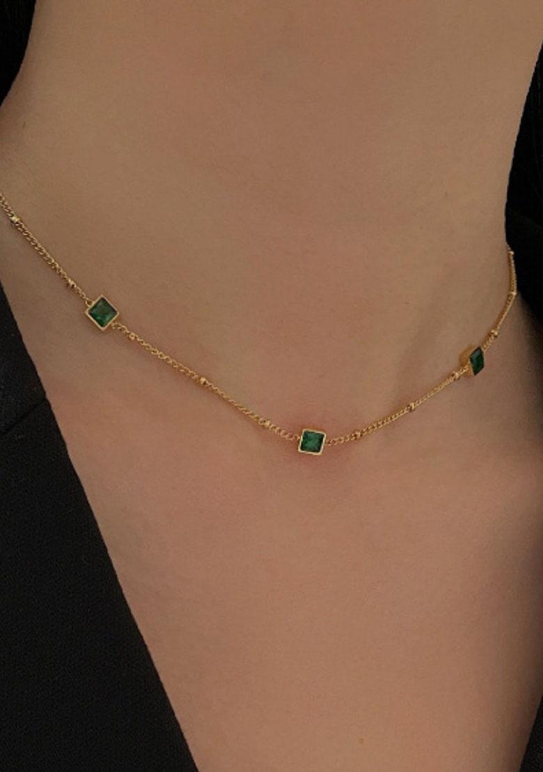 18K Gold Plated Waterproof Anti Tarnish Titanium Steel Green Zircon Necklace