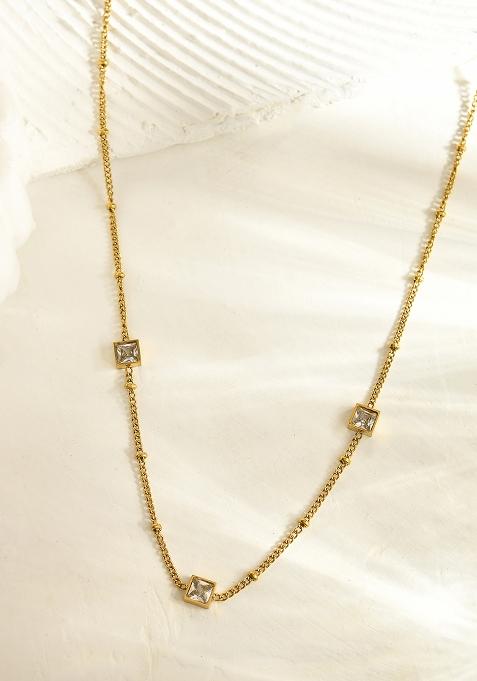 18K Gold Plated Waterproof Anti Tarnish Titanium Steel White Zircon Necklace