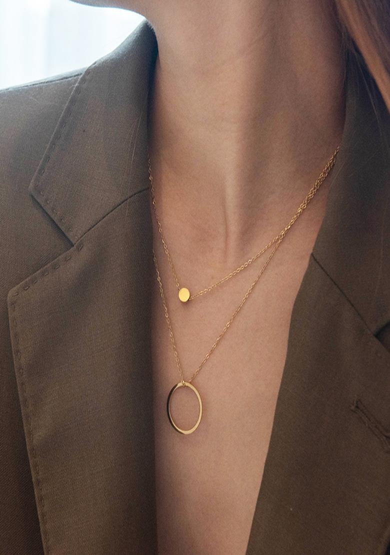 18K Gold Plated Waterproof Anti Tarnish Titanium Steel Ring Layered Necklace