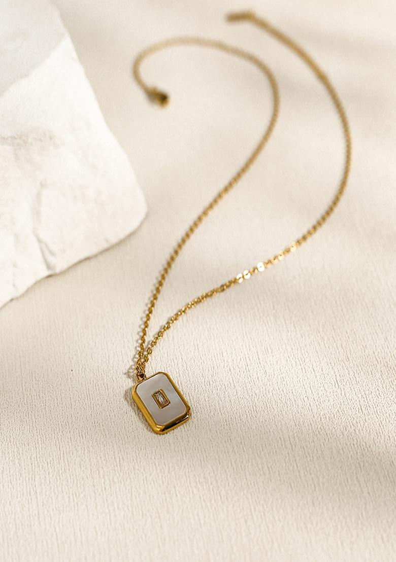 18K Gold Plated Waterproof Anti Tarnish Rectangular White Pendant Necklace
