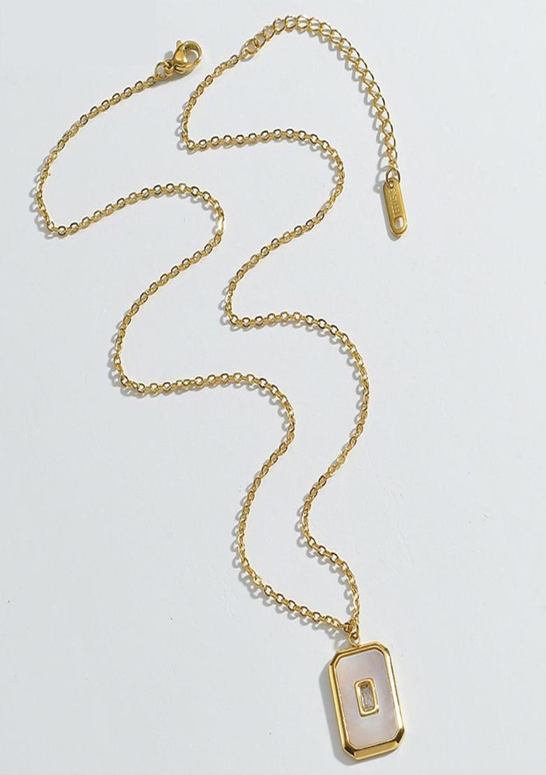 18K Gold Plated Waterproof Anti Tarnish Rectangular White Pendant Necklace