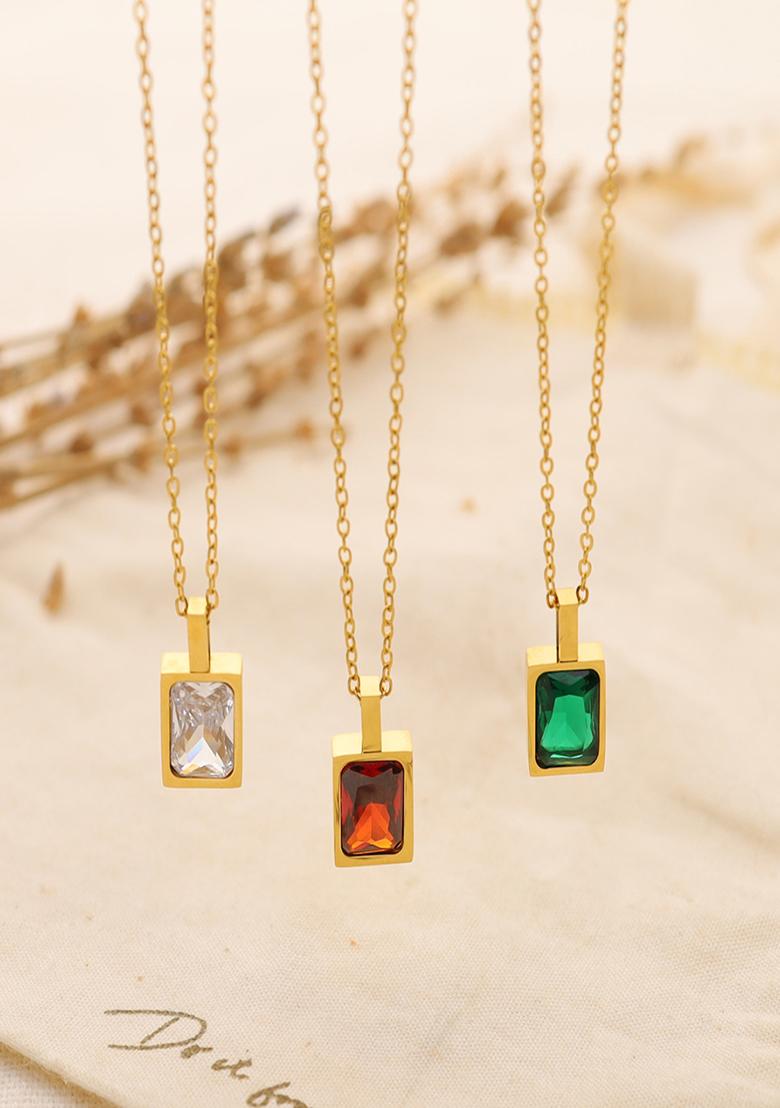 18K Gold Plated Waterproof Antitarnish Green Square Zircon Pendant Necklace