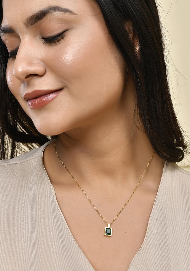18K Gold Plated Waterproof Antitarnish Green Square Zircon Pendant Necklace