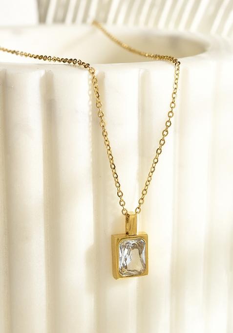 18K Gold Plated Waterproof Antitarnish White Square Zircon Pendant Necklace