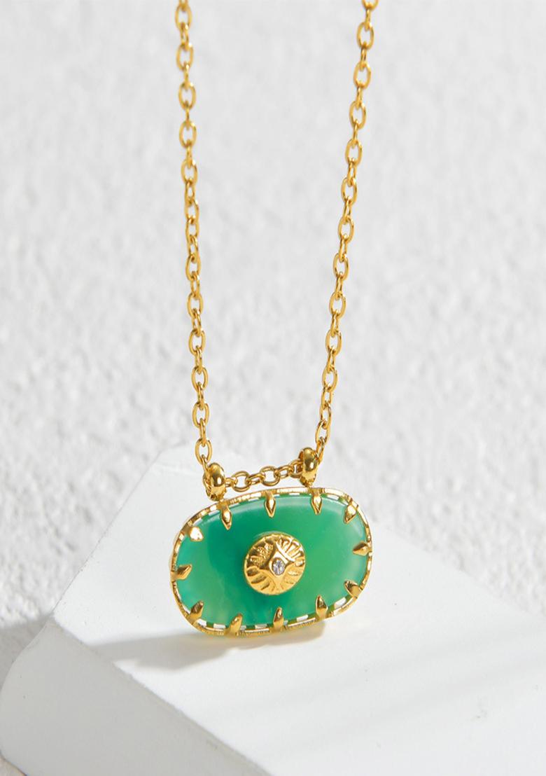 18K Gold Plated Waterproof Antitarnish Green Evileye Oval Pendant