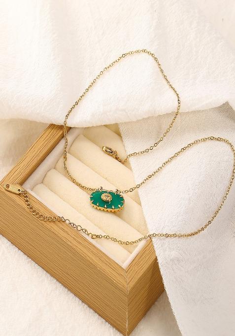 18K Gold Plated Waterproof Antitarnish Green Evileye Oval Pendant