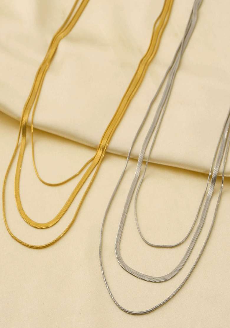 18K Gold Plated Anti Tarnish Minimal Triple Layered Snake Chain Necklace - Indya