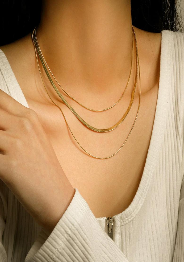 18K Gold Plated Anti Tarnish Minimal Triple Layered Snake Chain Necklace