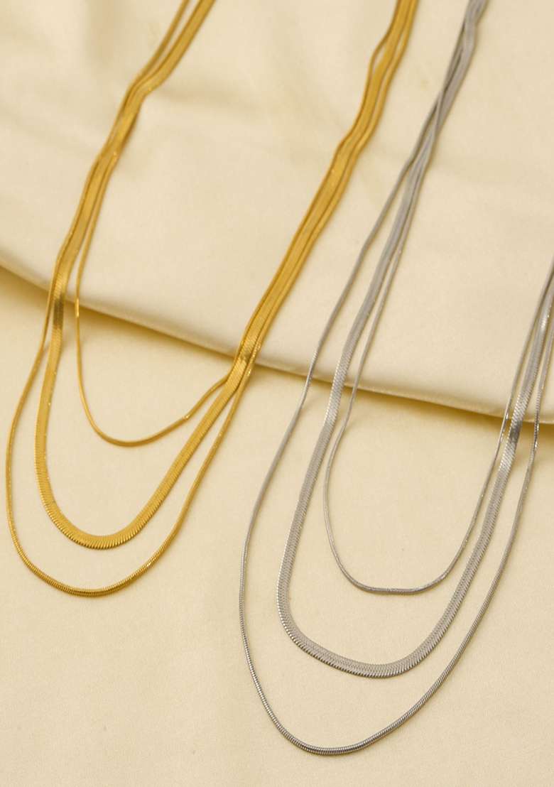 18K Silver Plated Anti Tarnish Minimal Triple Layered Snake Chain Necklace - Indya