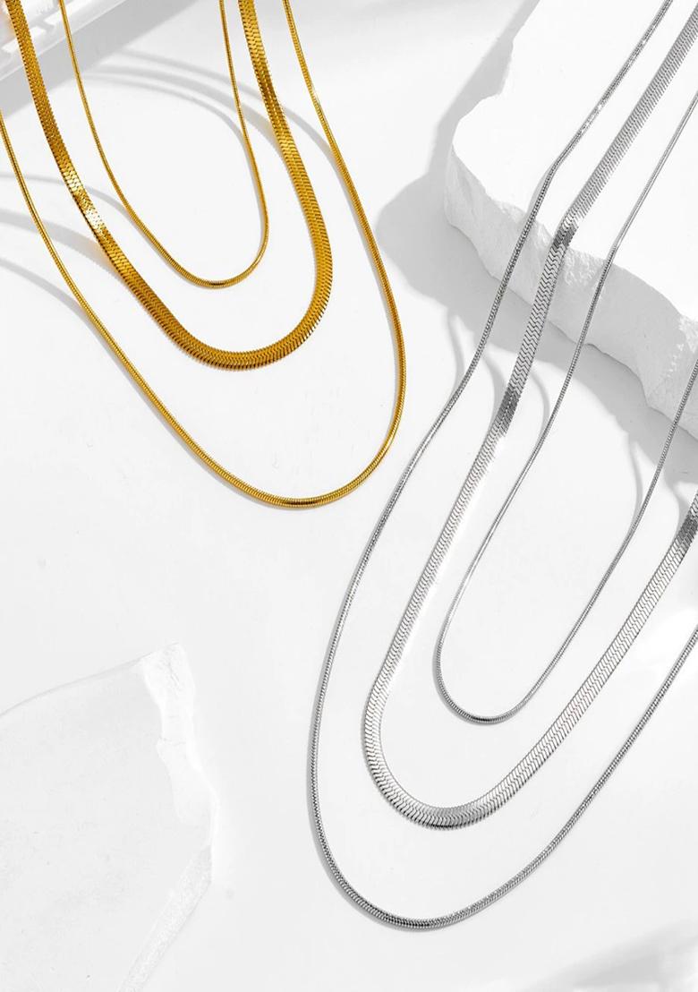18K Silver Plated Anti Tarnish Minimal Triple Layered Snake Chain Necklace
