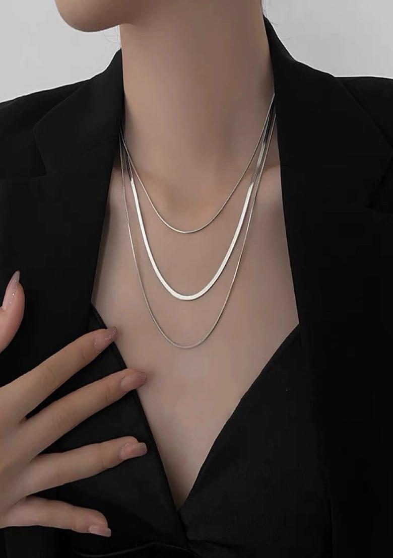 18K Silver Plated Anti Tarnish Minimal Triple Layered Snake Chain Necklace