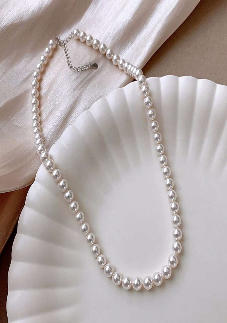 18K Silver Plated 6Mm White Pearl Beaded Necklace Statement Jewelry - Indya