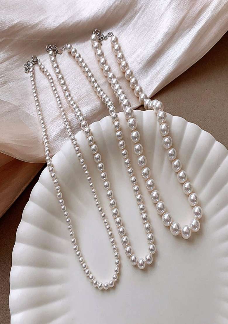 18K Silver Plated 6Mm White Pearl Beaded Necklace Statement Jewelry - Indya