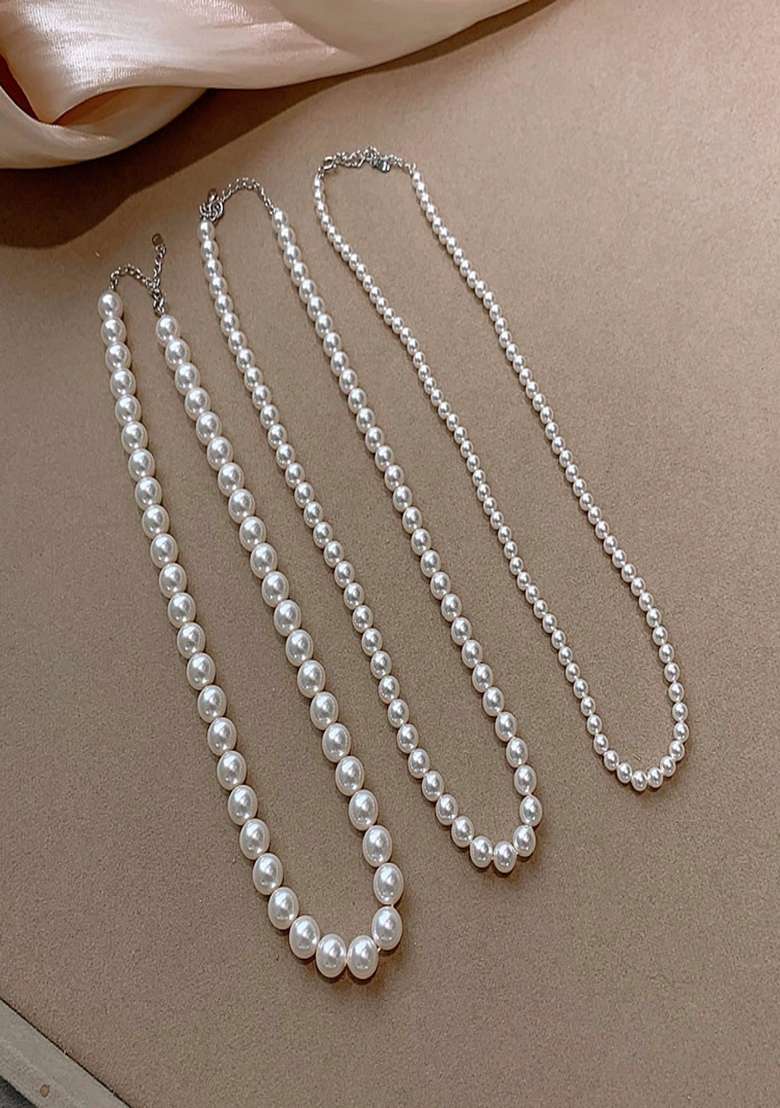 18K Silver Plated 6Mm White Pearl Beaded Necklace Statement Jewelry - Indya