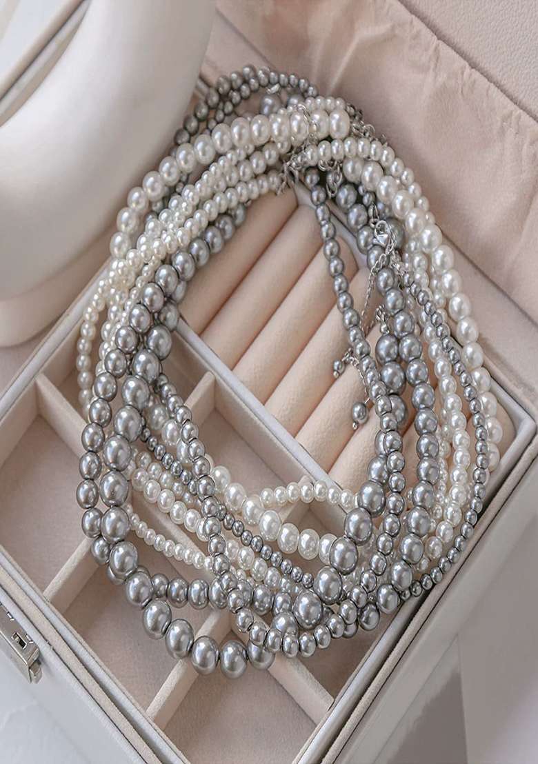 18K Silver Plated 6Mm White Pearl Beaded Necklace Statement Jewelry - Indya
