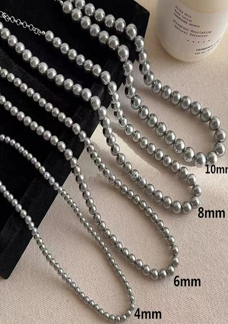 18K Silver Plated 8Mm Grey Pearl Beaded Necklace Statement Jewelry