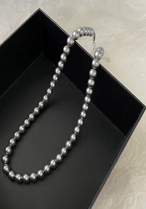 18K Silver Plated 8Mm Grey Pearl Beaded Necklace Statement Jewelry