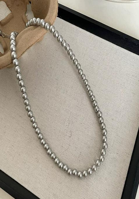 18K Silver Plated 6Mm Grey Pearl Beaded Necklace Statement Jewelry