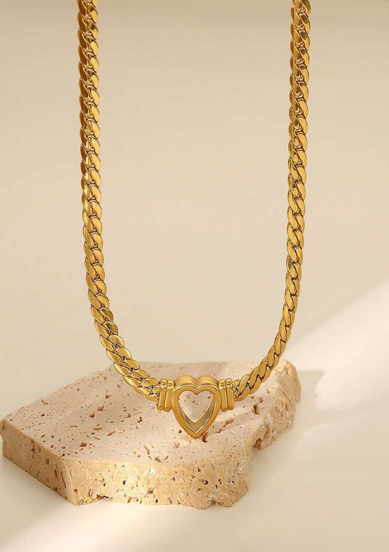18K Gold Plated Anti Tarnish Thick Chain Heart Necklace Statement Jewelry - Indya