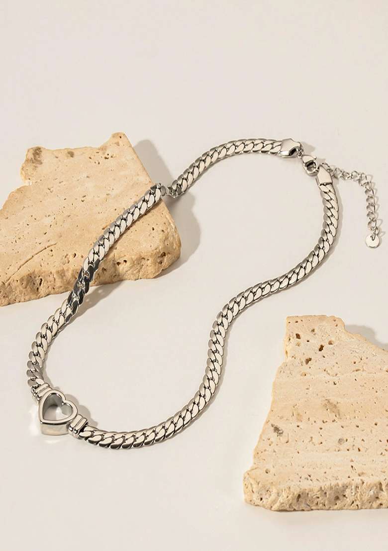 18K Silver Plated Anti Tarnish Thick Chain Heart Necklace - Indya