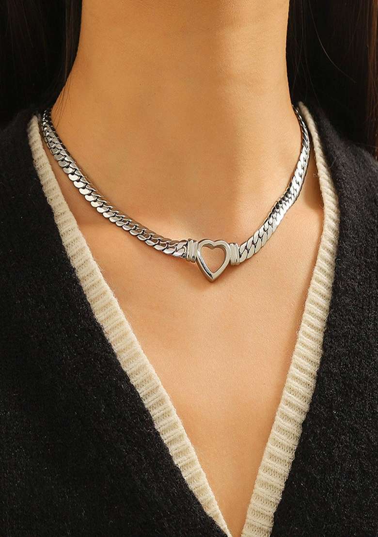 18K Silver Plated Anti Tarnish Thick Chain Heart Necklace - Indya