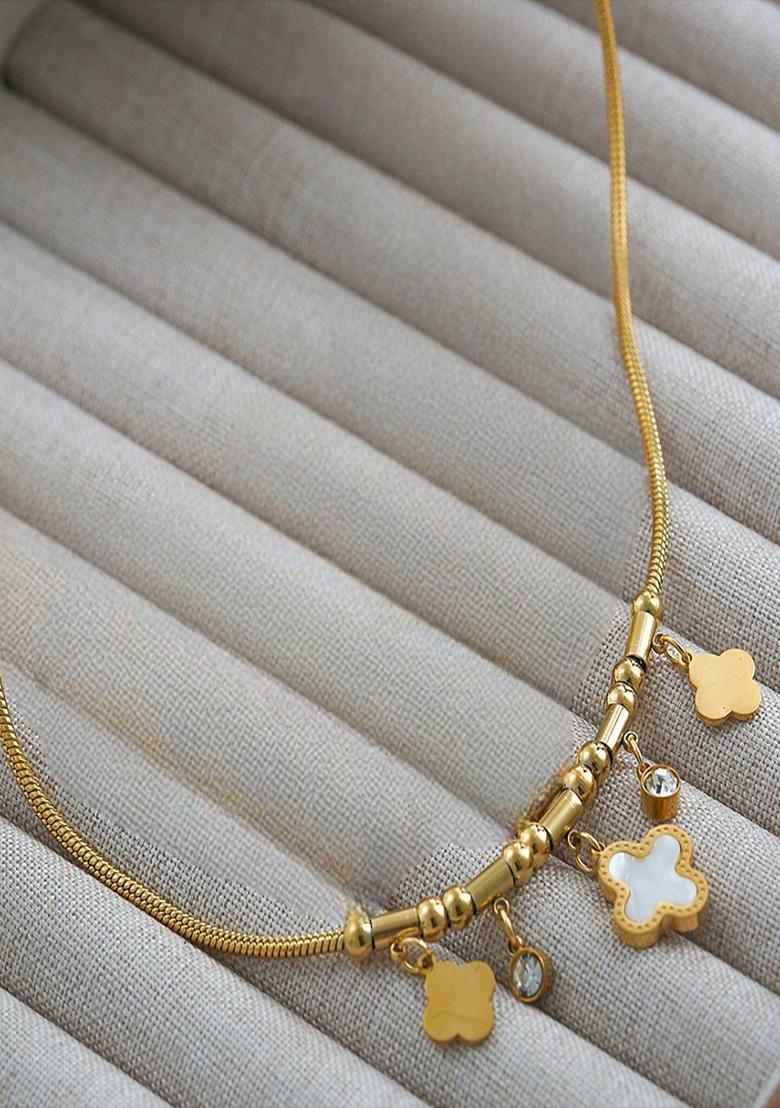 18K Gold Plated Anti Tarnish White Clover And Zircon Drops Charm Necklace