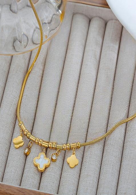 18K Gold Plated Anti Tarnish White Clover And Zircon Drops Charm Necklace
