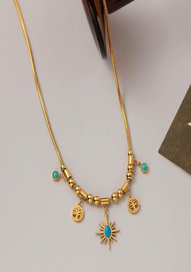18K Gold Plated Anti Tarnish Blue Star And Tree Drops Charm Necklace