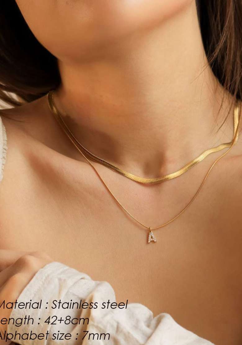 18K Gold Plated Anti Tarnish Initial Letter A Zircon Pendant Layered Necklace - Indya