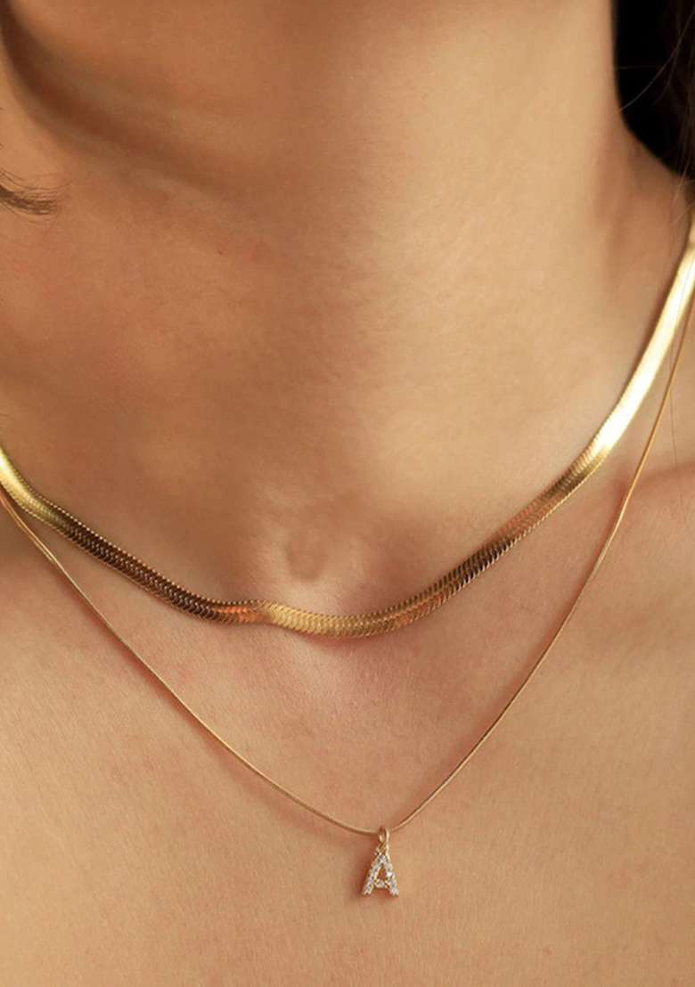 18K Gold Plated Anti Tarnish Initial Letter A Zircon Pendant Layered Necklace - Indya