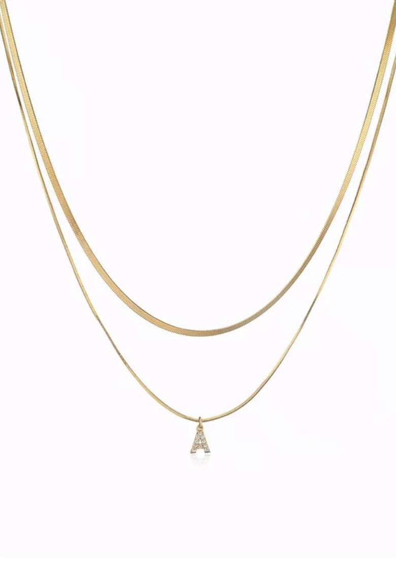 18K Gold Plated Anti Tarnish Initial Letter A Zircon Pendant Layered Necklace - Indya