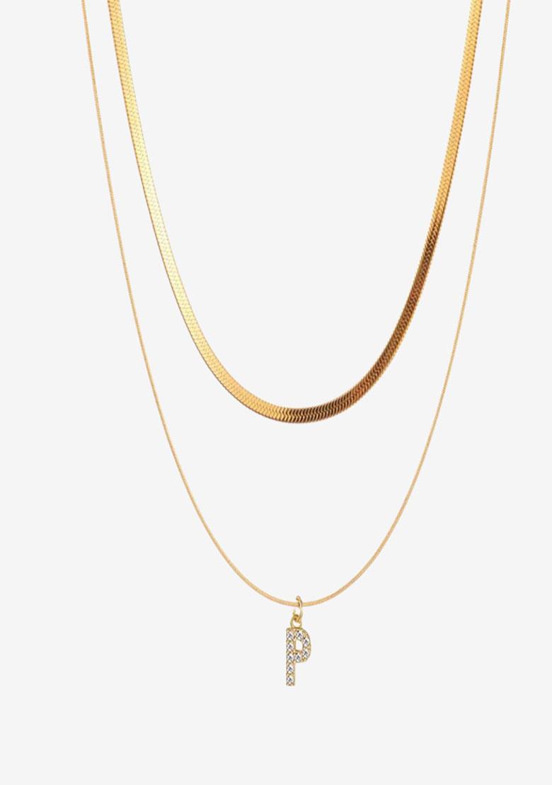18K Gold Plated Anti Tarnish Initial Letter P Zircon Pendant Layered Necklace