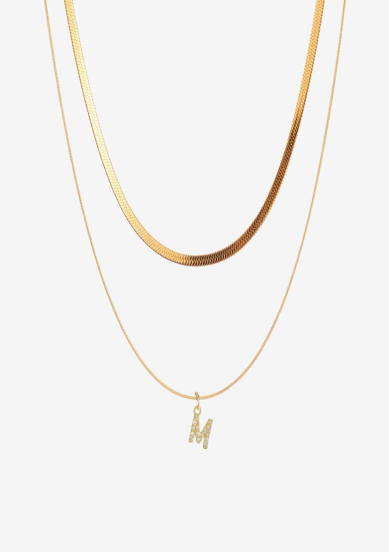 18K Gold Plated Anti Tarnish Initial Letter M Zircon Pendant Layered Necklace