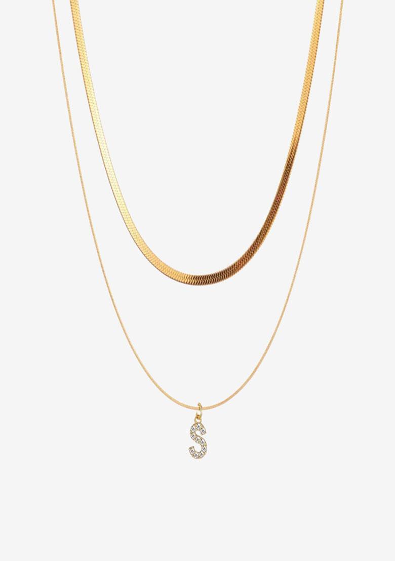 18K Gold Plated Anti Tarnish Initial Letter S Zircon Pendant Layered Necklace