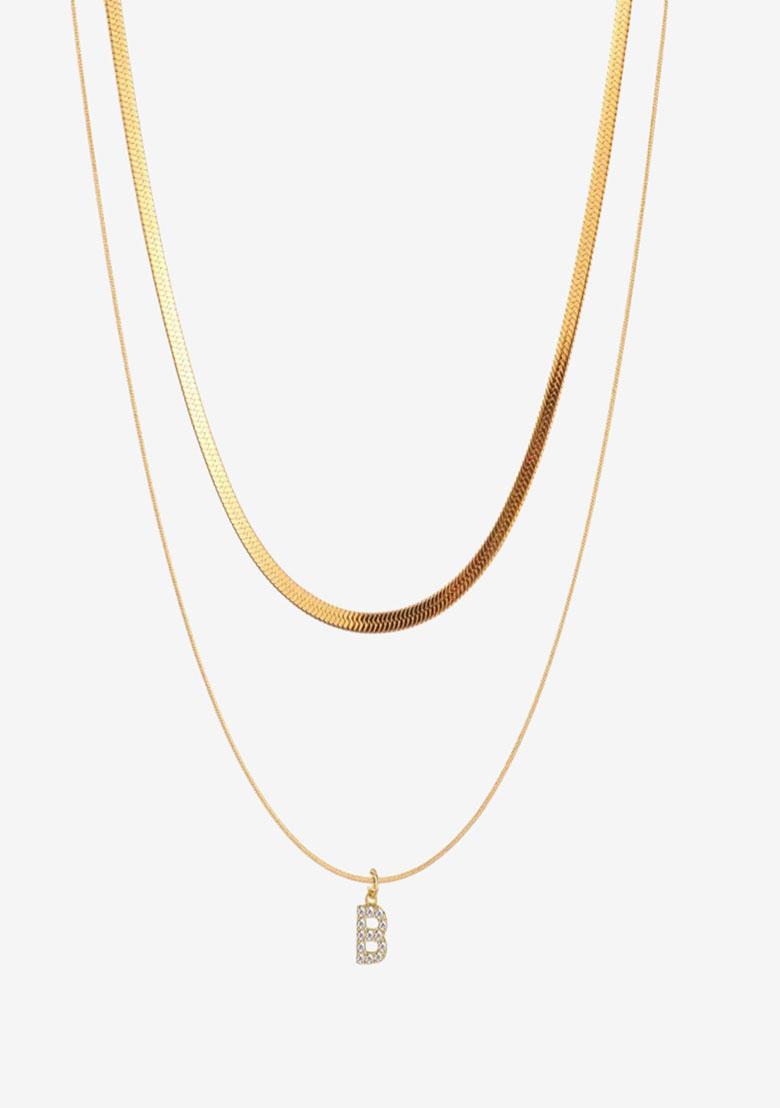 18K Gold Plated Anti Tarnish Initial Letter B Zircon Pendant Layered Necklace