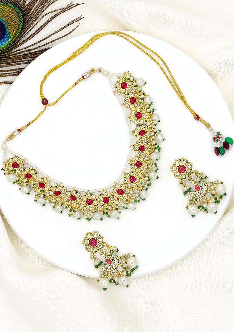 Gold Plated Kundan Maroon Beads Necklace Set - Indya