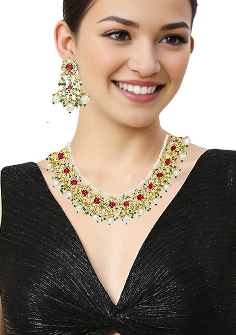 Gold Plated Kundan Maroon Beads Necklace Set