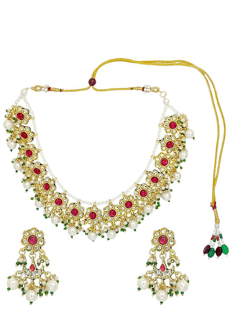 Gold Plated Kundan Maroon Beads Necklace Set - Indya