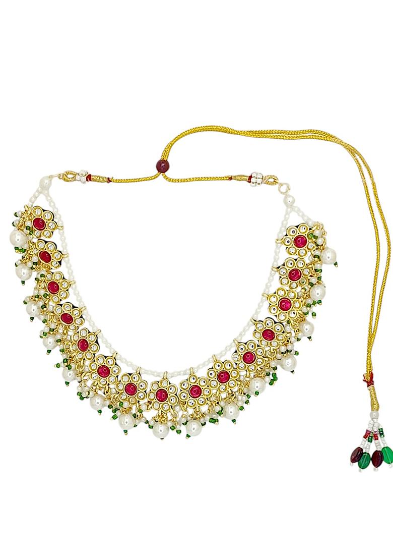 Gold Plated Kundan Maroon Beads Necklace Set