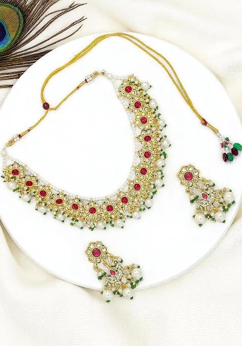 Gold Plated Kundan Maroon Beads Necklace Set